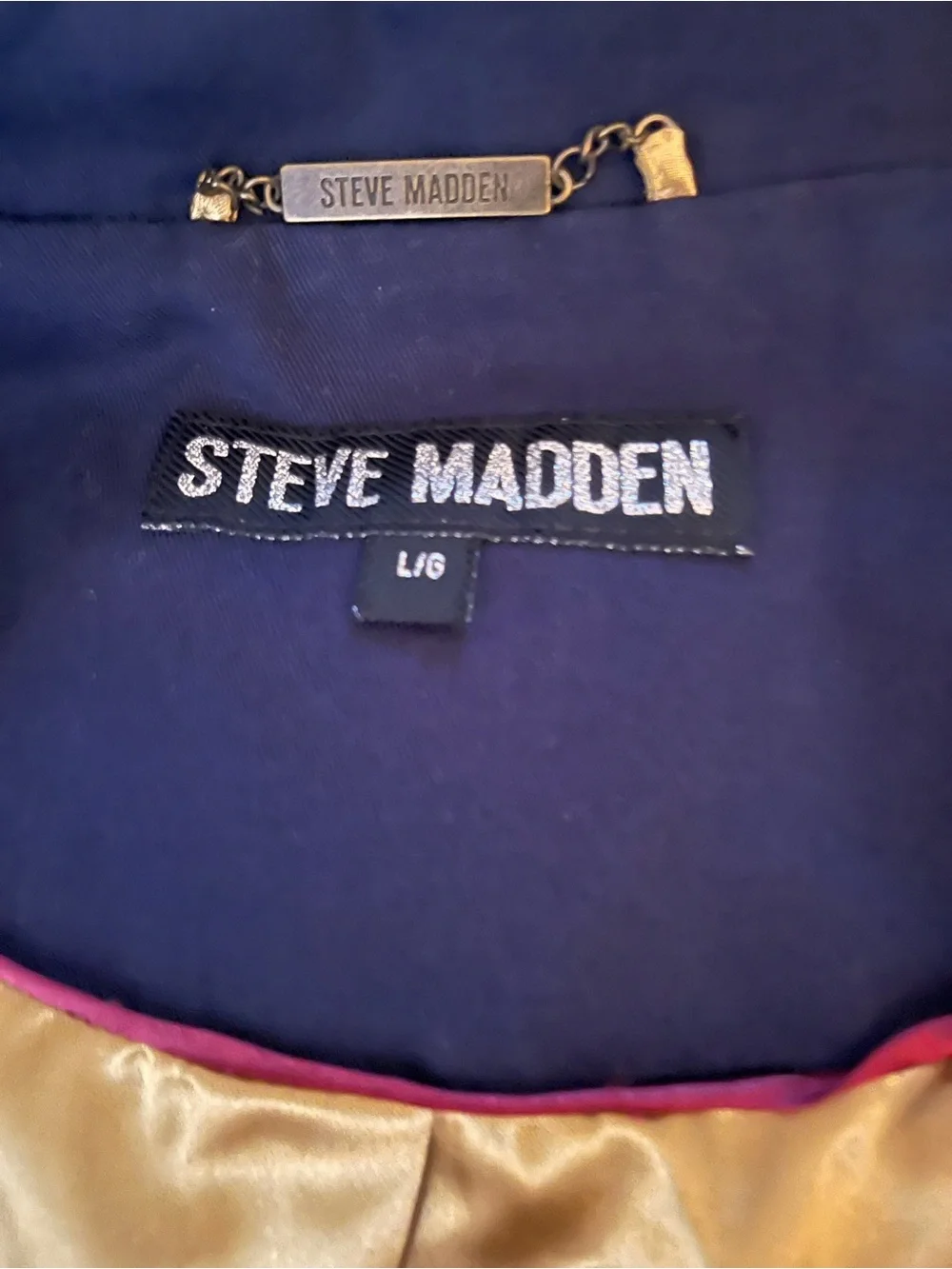 Steve Madden Navy Military Jacket with gold accents, women’s size large.